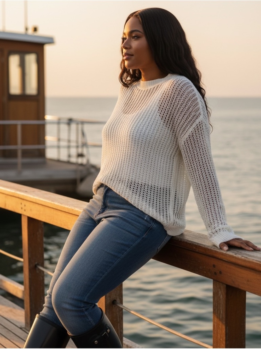 MNML Cream Open-Knit Crew Neck Coastal Fisherman’s Sweater